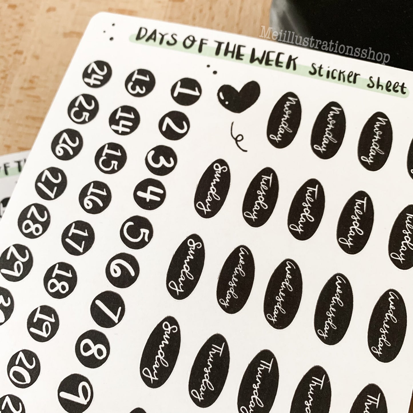 Days of the week (black) sticker sheet