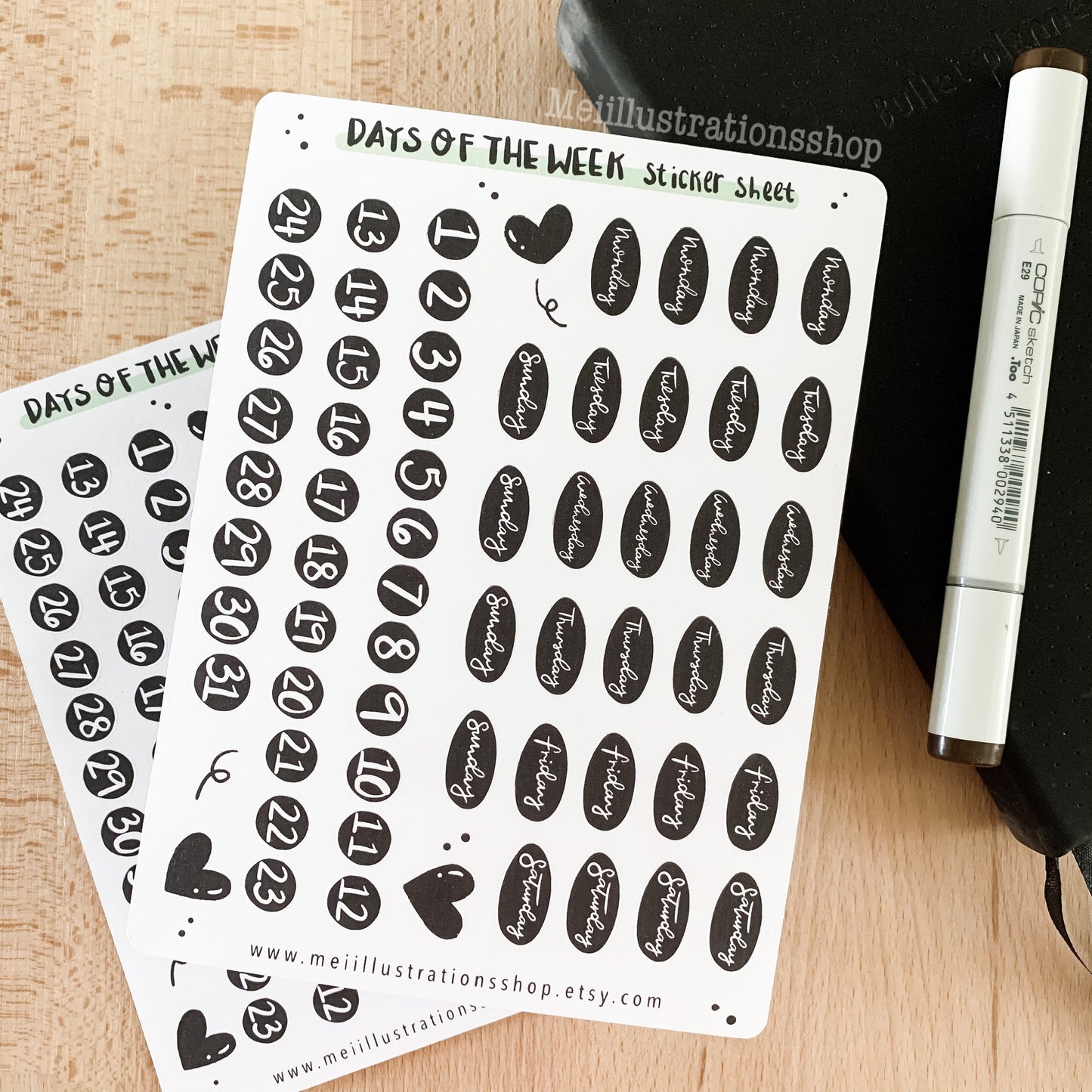 Days of the week (black) sticker sheet