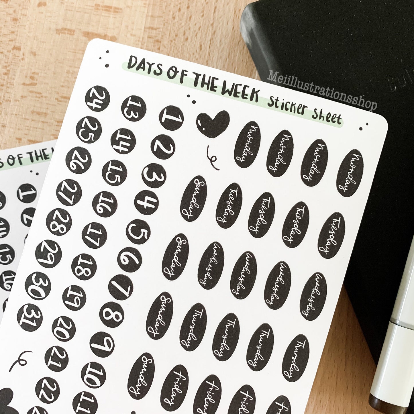 Days of the week (black) sticker sheet