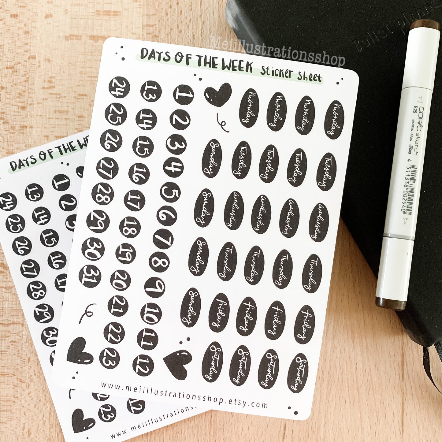Days of the week (black) sticker sheet