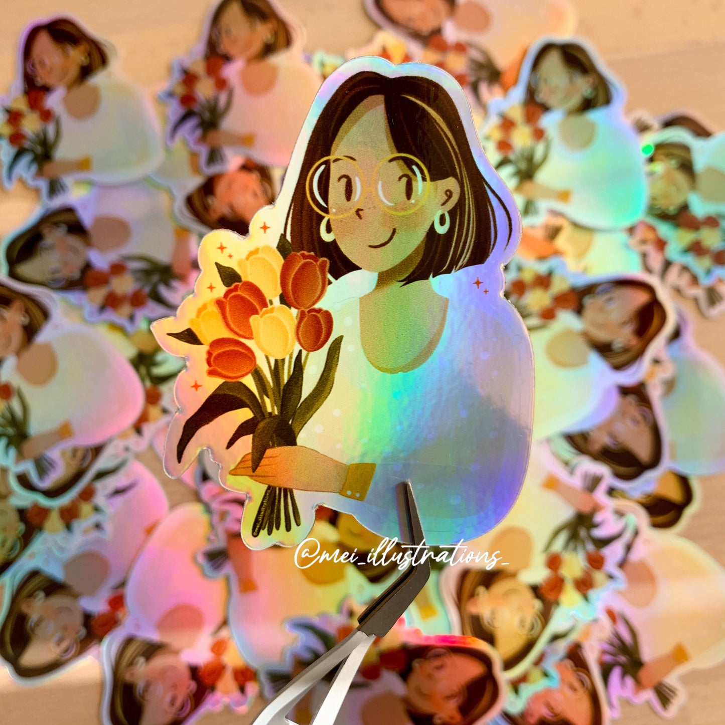 Holographic floral girl sticker