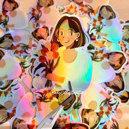 Holographic floral girl sticker